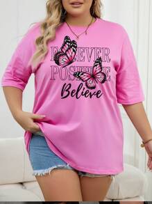 SHEIN EZwear Kích thước lớn Loại bướm Và In thư Ngắn tay Áo thun - Hồng - Xem 1