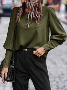 EMERY ROSE Solid Button Back Blouse Fall Cloth For Women - Army Green - View 3