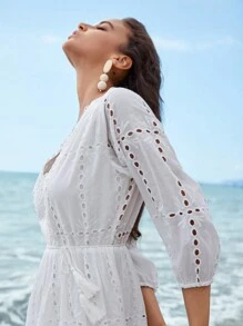 Anewsta Romantic Beach Style White Mid-Sleeve V-Neck Lace Splice Casual Dress With Waistbelt - White - View 3