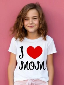 SHEIN Camiseta Casual De Manga Corta Con Cuello Redondo, Impresa Con Corazones Y Letras De Amor, Adecuada Para Niñas Adolescentes En Verano