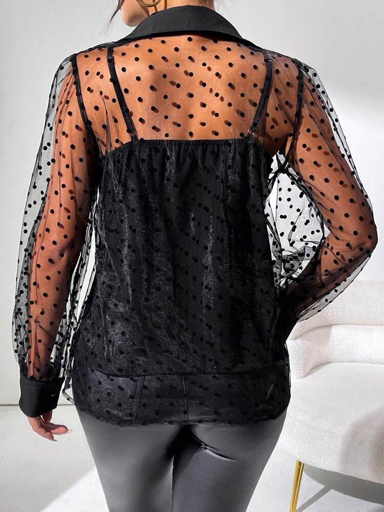 Women's Polka Dot Mesh Long Sleeve Shirt Fall Cloth For Women