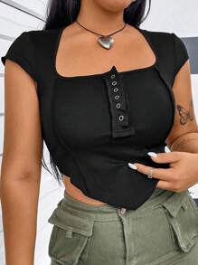 Flirla 大尺碼純色不對稱下擺半門襟t卹 - 黑色 - 查看 1