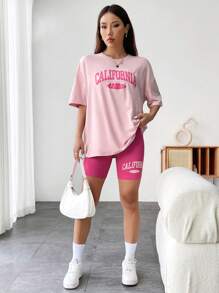 Flirla Women's 2pcs Casual Set With Letter Print Round Neck Short Sleeve T-Shirt And Shorts