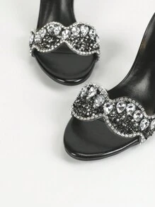 Zapatos de tacón alto para mujer, diseño cómodo de punta redonda, decoración de cristales transparentes y brillantes, adecuados para fiestas y reuniones, sandalias de mujer para San Valentín, tacones de gatito - Negro - Ver 8