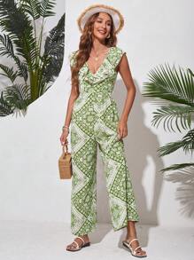 GENKIRA Printed Deep V-Neck Jumpsuit With Ruffled Hem On Neckline And Wide Leg - Green - View 6