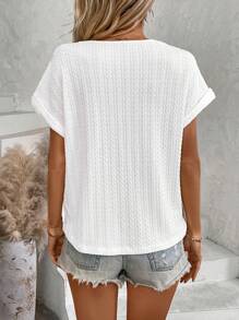 SHEIN LUNE V-Neck Lace Patchwork Batwing Sleeve T-Shirt - White - View 2