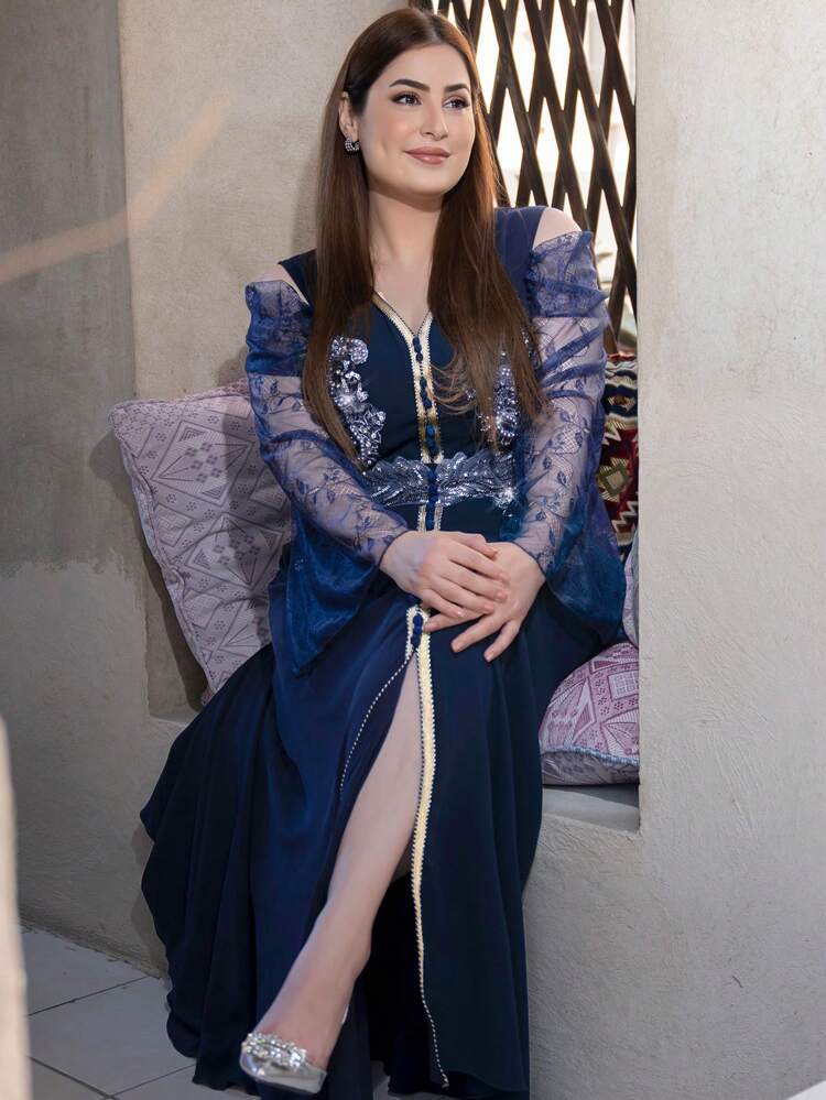 Women's Lace Open Shoulder Long Sleeve Arabic Traditional Dress With Woven Belt Kaftan Jalabiya Dress