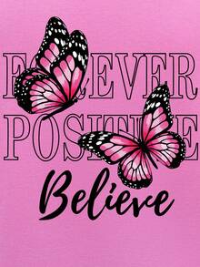 SHEIN EZwear Kích thước lớn Loại bướm Và In thư Ngắn tay Áo thun - Hồng - Xem 5