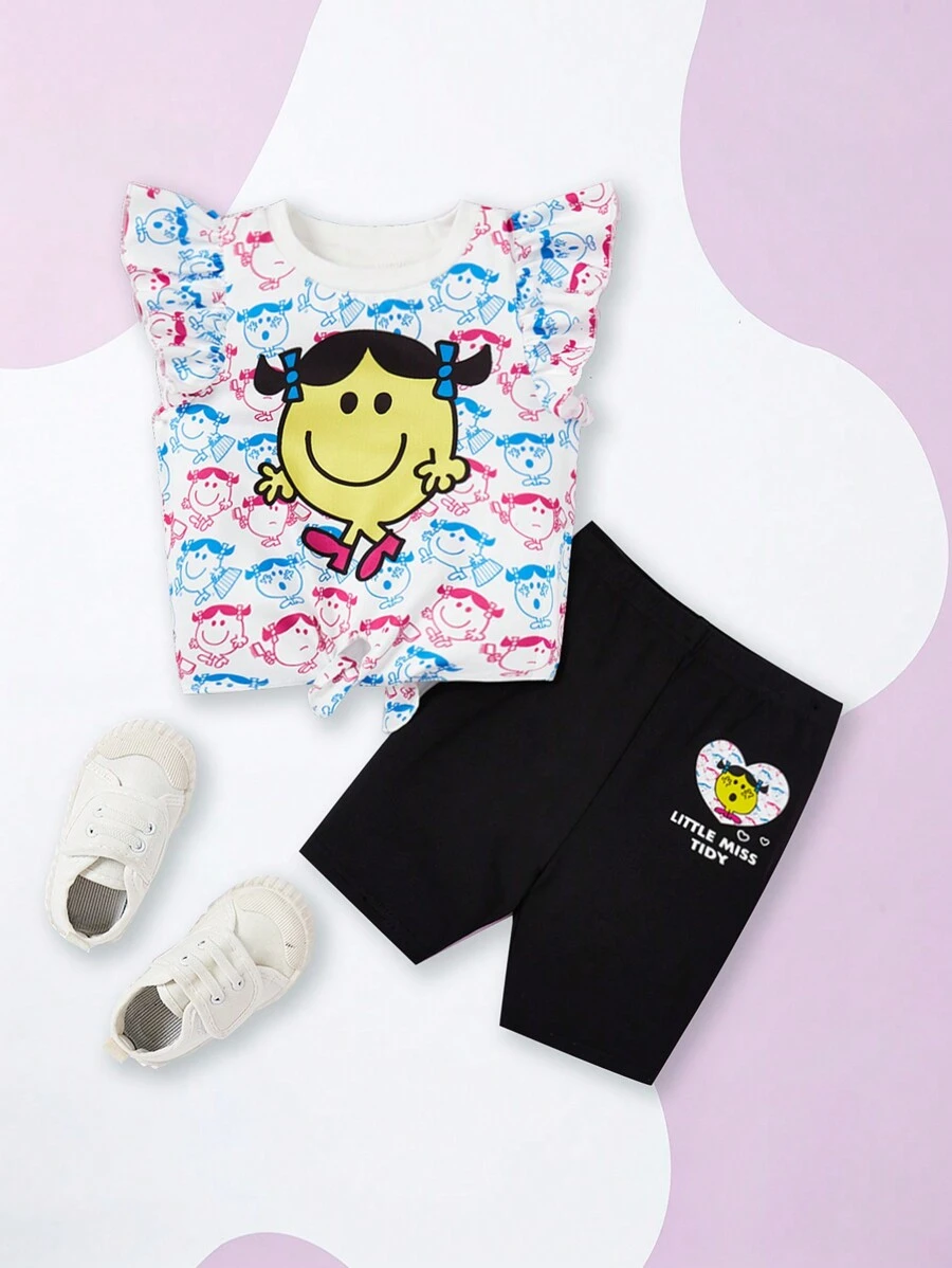 Mr Men Little Miss X SHEIN Baby Girl Cartoon Graphic Ruffle Armhole Knot Hem Top & Shorts - Multicolor - View 1