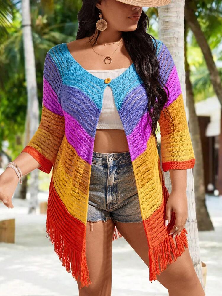 Plus Size Women's Colorful Striped Button Up Cardigan