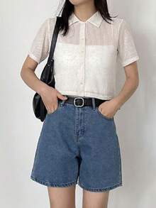 DAZY Button Ribbed Short Sleeve T-Shirt - White - View 3
