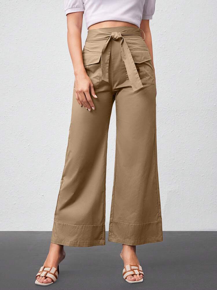 Women's High Waist Tie Front Cargo Pocket Trousers