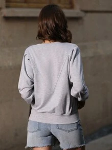 Anewsta Einfarbiger Rundhals Langarm Lässig Sweatshirt Pullover für den Herbst - Grau - Übersicht 2