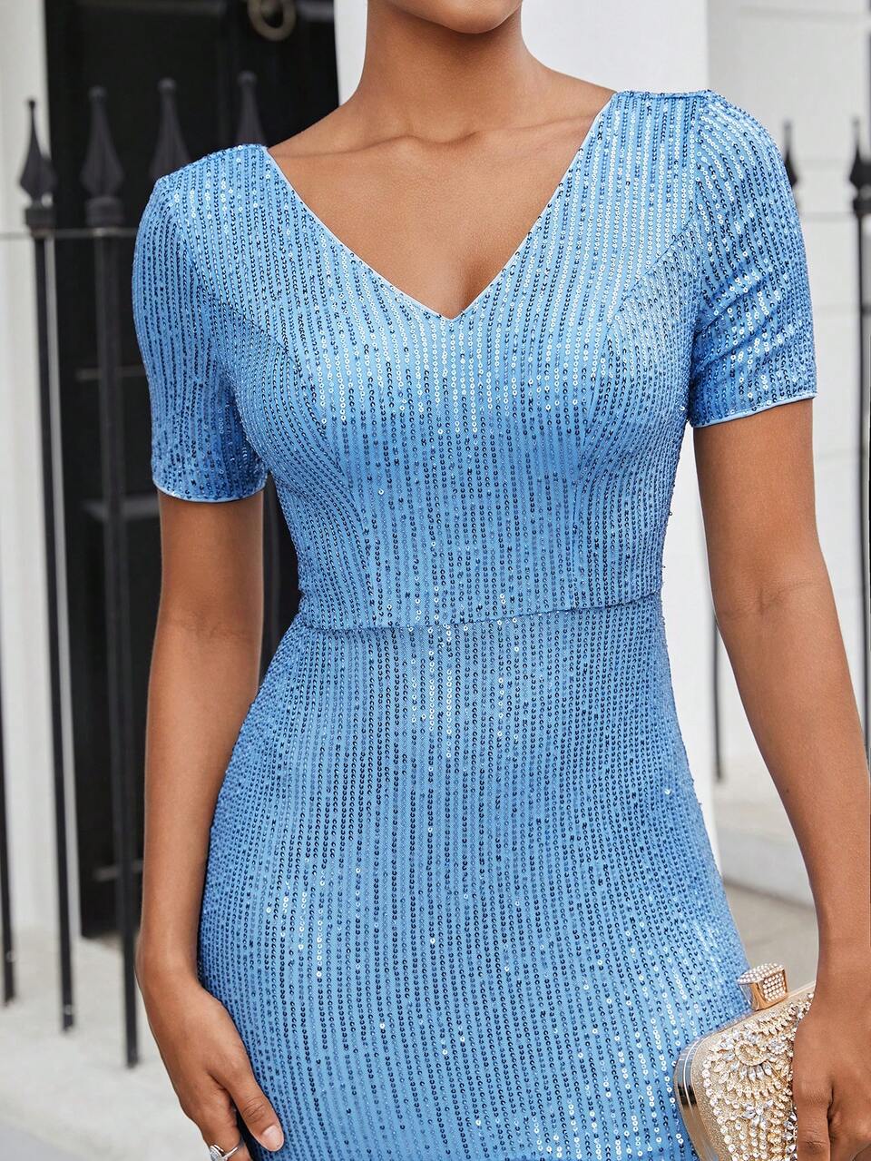 Blue Luxury Sparkly Sequins Fabric Deep V-Neck Mermaid Style Asymmetric Hem Short Front And Long Back Fishtail
