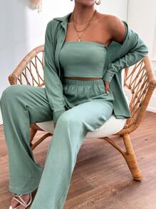 EURMUSE 3pcs/Set Casual Fashionable Textured Shirt & Strapless Top & Pants Set - Green - View 5