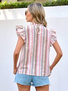 SHEIN Clasi Striped Ruffle Trimmed Decoration Casual Shirt Pink Shirt - Multicolor - View 2