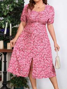 Flirla 加大尺碼女士度假用花卉印花開衩連衣裙 - 彩色 - 查看 1