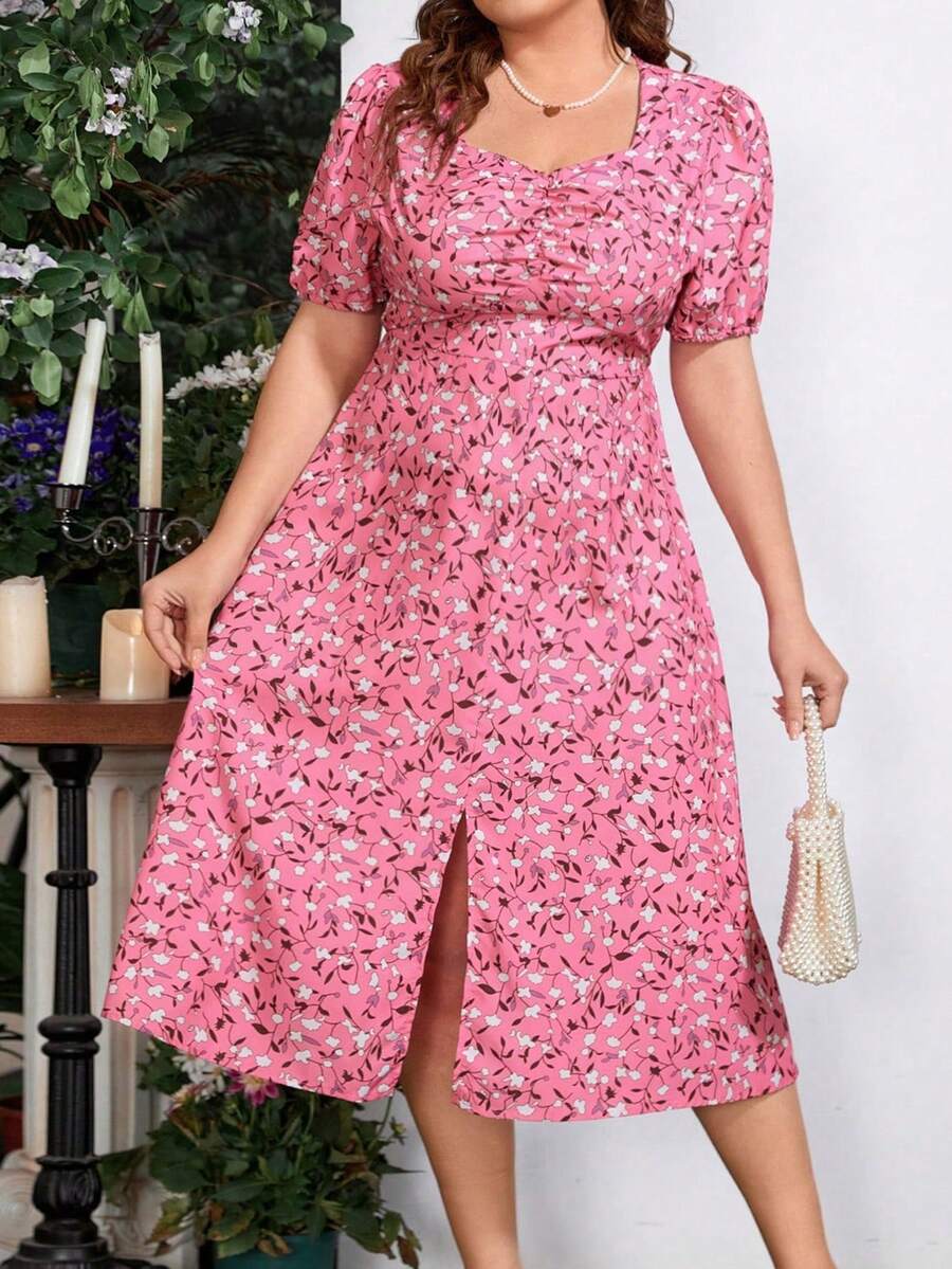 Flirla 加大尺碼女士度假用花卉印花開衩連衣裙 - 彩色 - 查看 1