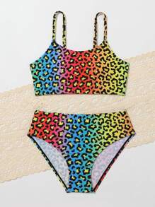 Tween Girl Leopard Print Ombre Bikini Set, Bathing Suit Beach Outfit Summer Vacation Summer Beach - Multicolor - View 3