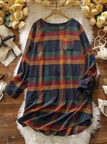 SHEIN LUNE Plus Plaid Print Pocket Patched Curved Hem Dress - Multicolor - View 1