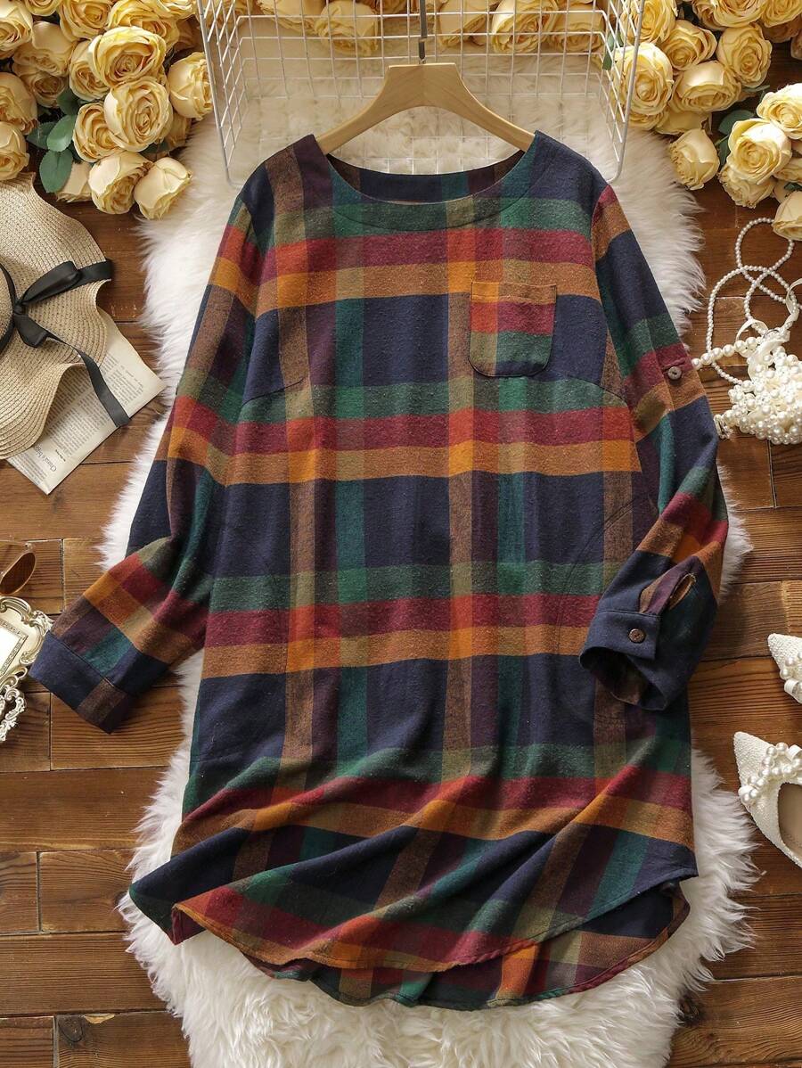 SHEIN LUNE Plus Plaid Print Pocket Patched Curved Hem Dress - Multicolor - View 1