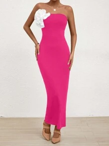 SHEIN Privé Women's Strapless Bodycon Dress With 3d Flower Decoration - Hot Pink - View 3