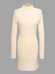 Calvaya Vestido Tipo Suéter De Manga Larga Con Cuello Levantado Para Mujer - Beis - Ver 3