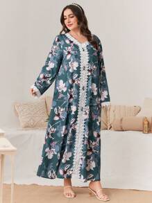 Al Najma 大尺碼花卉印花拼布和蕾絲阿拉伯服裝 - 彩色 - 查看 4