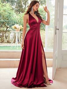 MUXXN 1950年代复古V领露背缎面鸡尾酒礼服，正式舞会礼服，婚礼宾客礼服，春季优雅晚宴礼服 - 紅色 - 查看 5