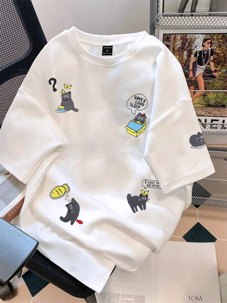 Claim Dot 男士卡通字母图案印花休闲短袖 T 恤，男友礼物 - 白色 - 查看 1