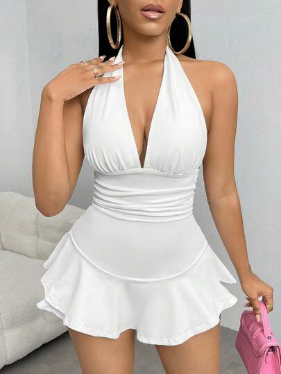 SHEIN SXY 褶邊荷葉邊露背繞頸連身短褲