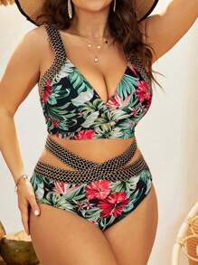 SHEIN Swim Curve 夏季大码热带印花拼布泳衣套装 - 彩色 - 查看 4
