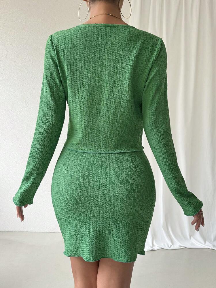 Women's Solid Color Texture Belted Top & Skirt Set