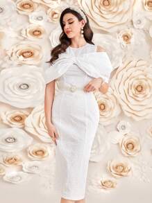 Modelyn 女士露肩連衣裙，大蝴蝶結裝飾 - 白色 - 查看 8