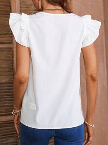 SHEIN LUNE Patchwork Woven Belt V-Neck Ruffle Trim Decor Blouse - White - View 3