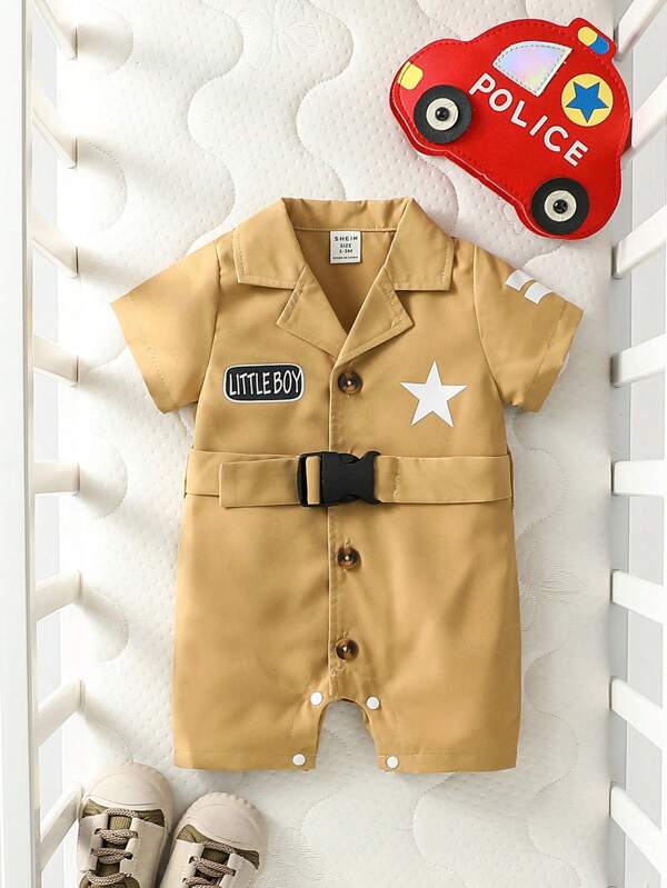 SHEIN Baby Boy British-Style Streetwear Outfit, Cute Mini Star Print Romper With Utility Details, Casual For Spring Summer