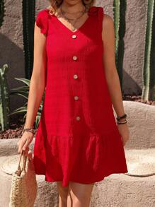 SHEIN VCAY Chất rắn Textured Váy không tay - Đỏ - Xem 1