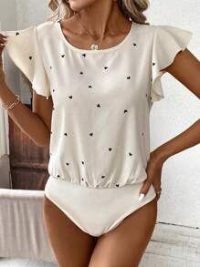 SHEIN Clasi Heart Print Round Neck Ruffle Trimmed Bodysuit With Decorative Bow - Apricot - View 1