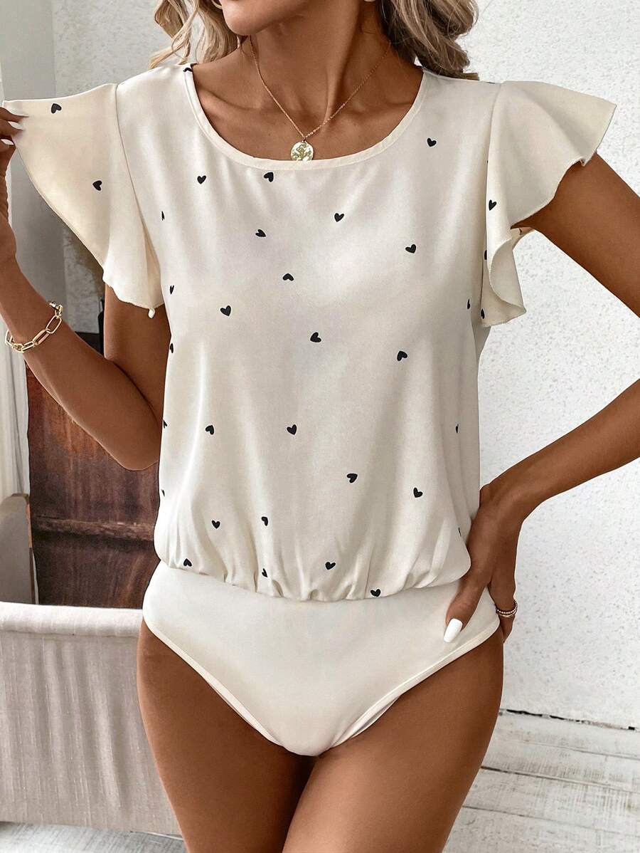 SHEIN Clasi Heart Print Round Neck Ruffle Trimmed Bodysuit With Decorative Bow - Apricot - View 1