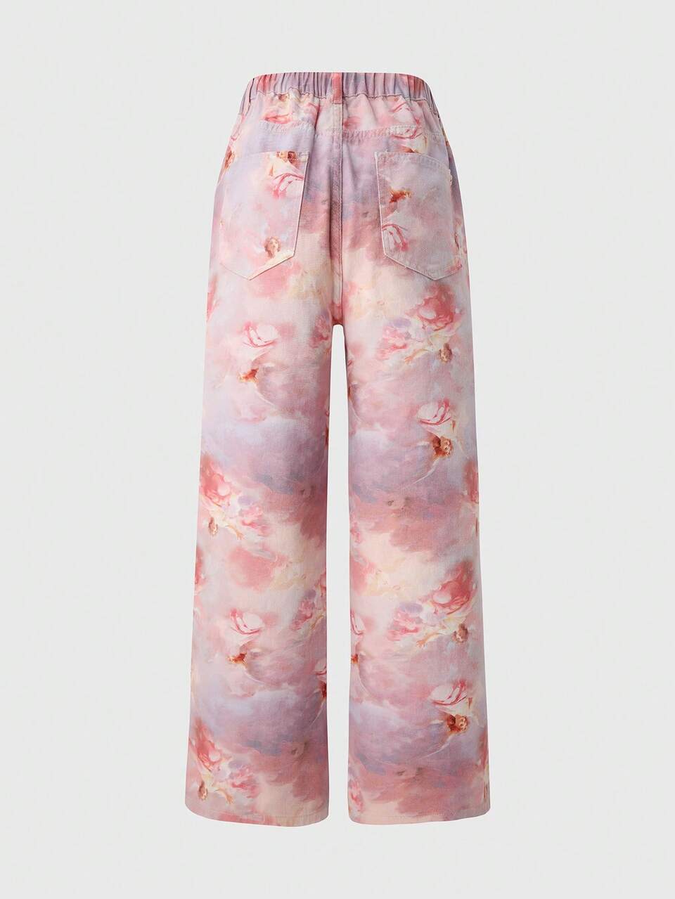 Teen Girls' Y2k Sweet & Cool Pink Angel Printed Comfortable High Waist Wide Leg Jeans With Elastic Waistband