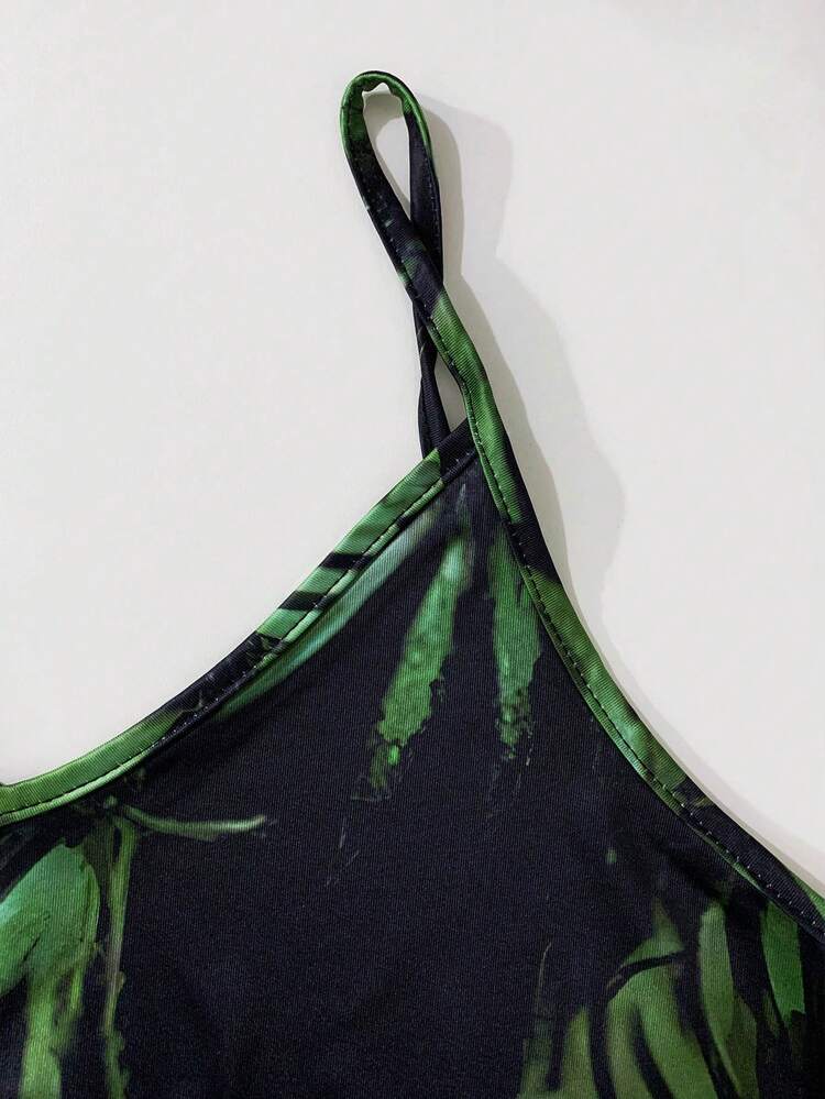 無袖熱帶植物印花裙 - 綠色 - 查看 3