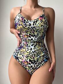 SHEIN Swim 女式豹紋淺灰色連肩泳衣 - 彩色 - 查看 5