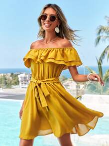 SHEIN VCAY Màu thuần Ngày lễ Off Shoulder Viền Ruffle Váy chữ A Với Trang trí Cạnh - Màu vàng - Xem 4