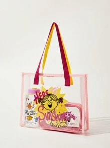 Mr Men Little Miss X SHEIN Bolsa De Praia Transparente Rosa Com Cartoon, Para O Dia Da Mulher