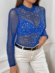 SHEIN Privé Kích thước lớn Của phụ nữ Viễn cảnh Lưới Áo Với Pha lê Chi tiết - Xanh đậm - Xem 5