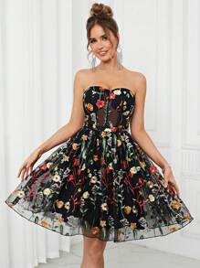 SHEIN Belle Elegant Women's Black Multi-Color Strap Top See-Through Romantic Mesh Embroidery 3D Floral A-Pend Fluffy Country Music Festival Easter Summer Vacation Wedding Event Bachelor Party Date Graduation Party Date Cocktail Party Dress Prom Semi Formal Wedding Guest Dress, For Birthday, Homecoming - Black - View 1