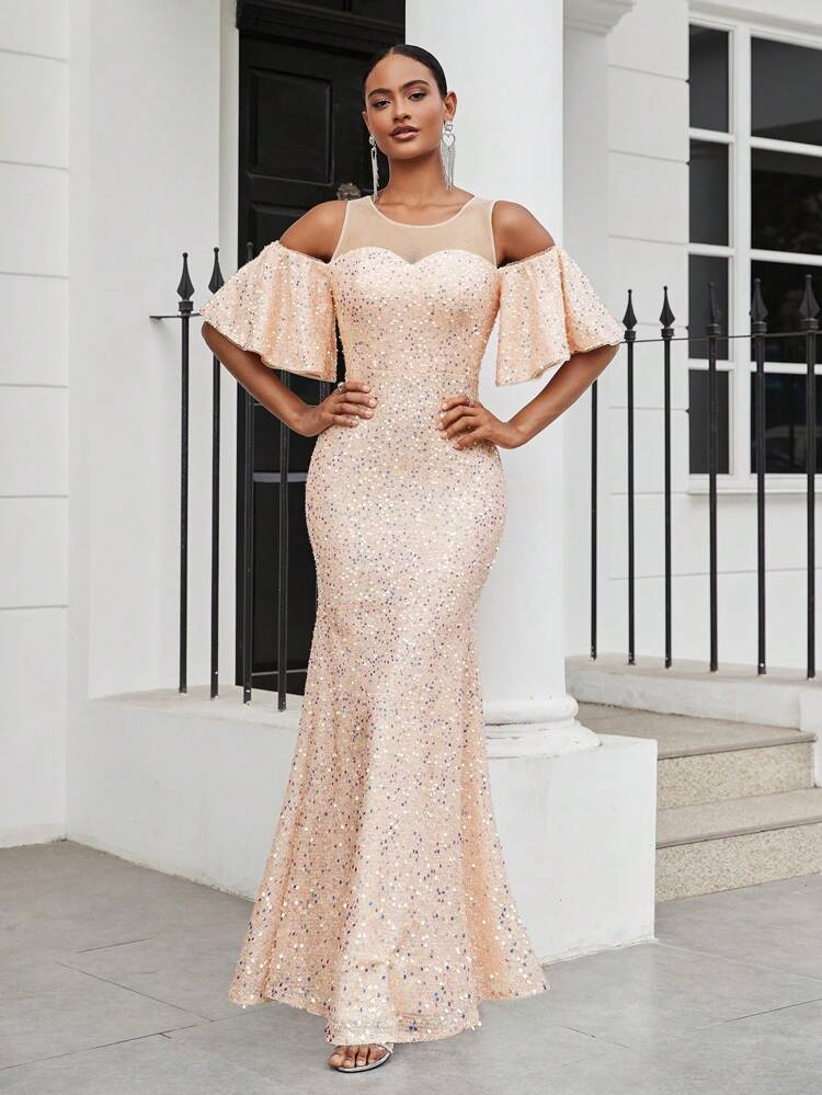 Women's Elegant And Gorgeous Contrast Mesh ​Sequin Cold Shoulder High-Waist Design Mermaid Graduation Prom Party Date Evening Dress Formal Ball Gown For Women