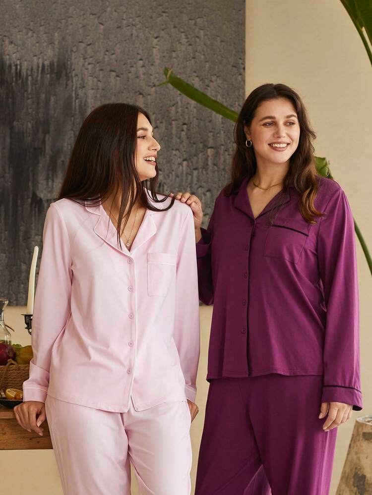 Ensemble de pyjama long rose basique en coton doux et modal pour femmes, idéal pour les mariées. Ensemble de détente pour femmes, sous-vêtements de mariée, pyjamas d'automne, vêtements de printemps et d'été