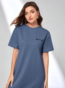 Mulvari Quý cô Lỏng lẻo phù hợp Thả vai Lá thư In Đầm - Màu xanh lam - Xem 5