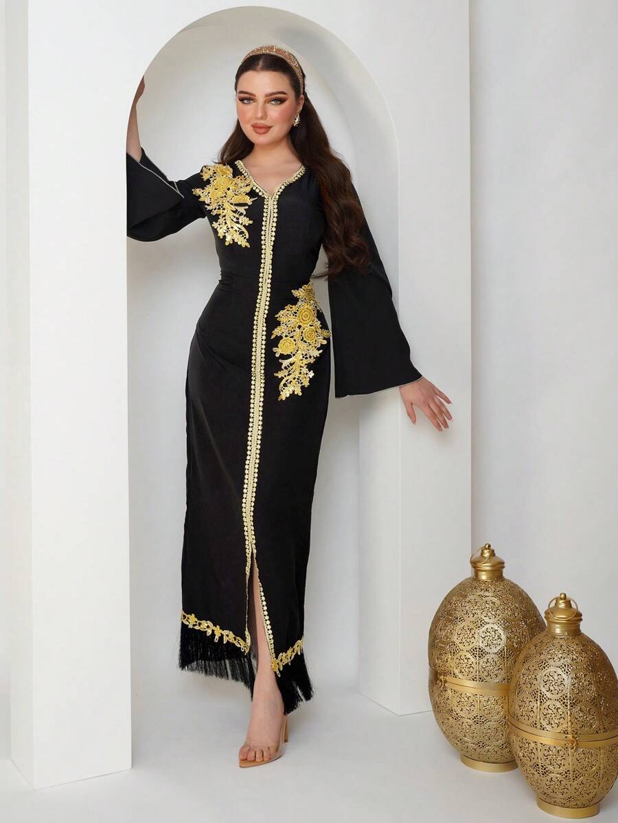 Al Najma Women's V-Neck Bell Sleeve Fringed Hem Jalabiya Dress, Elegant Evening Party Dress - Black - View 1